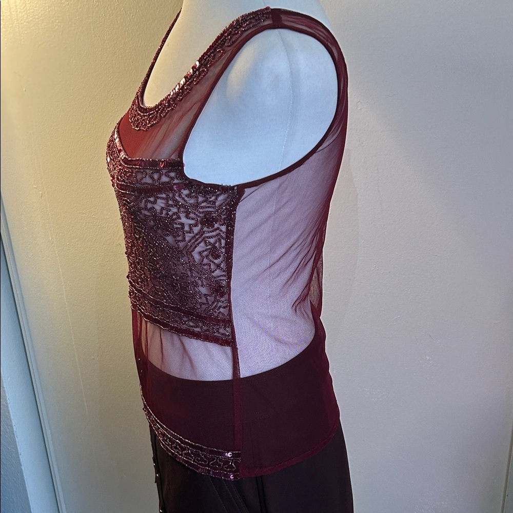 Passport  Vintage 90s Burgundy Beaded and Sequined Embellished Sheer Tank Top - Picture 3 of 14